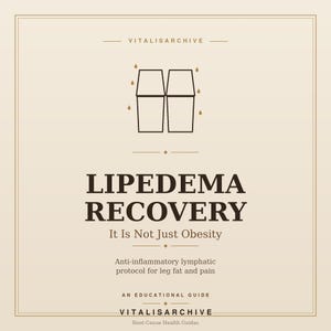 May include: Cream-colored educational guide titled "Lipedema Recovery: It Is Not Just Obesity." The cover features a geometric illustration and text about an anti-inflammatory lymphatic protocol for leg fat and pain. The guide is from VitalisArchive.