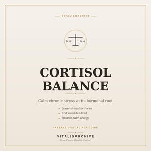 Op de afbeelding: Een beige afbeelding met de tekst "CORTISOL BALANCE" in vette, donkere letters. De afbeelding bevat de tekst "Kalmeer chronische stress bij de hormonale wortel" en somt voordelen op zoals "Lagere stresshormonen".