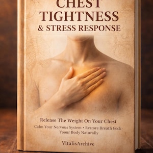 May include: A book titled "CHEST TIGHTNESS & STRESS RESPONSE" with a person's chest and hand on the cover. The book's subtitle reads "Release The Weight On Your Chest." Additional text includes "Calm Your Nervous System" and "Restore Breath." The author is "VitalisArchive."