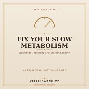 Op de afbeelding: Een beige educatieve gids getiteld FIX YOUR SLOW METABOLISM: Reigniting Your Body's Fat-Burning Engine. De omslag bevat een gouden meter-icoon, de tekst VITALISARCHIVE bovenaan en onderaan, en het webadres vitalisarchive.etsy.com.