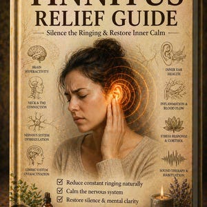 May include: A book titled "Tinnitus Relief Guide" with a woman touching her ear. The cover includes text about reducing ringing and restoring calm. Additional text mentions nervous system repair, brain calm, and stress reduction.