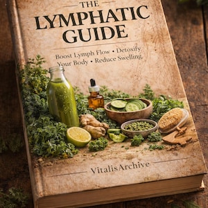 Könnte beinhalten: Ein Buch mit dem Titel "The Lymphatic Guide" mit Texten über die Förderung des Lymphflusses, die Entgiftung des Körpers und die Reduzierung von Schwellungen. Das Buch ist umgeben von Zutaten wie Gurkenscheiben und einem grünen Smoothie.