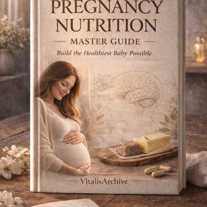 Puede incluir: Un libro titulado "Pregnancy Nutrition Master Guide" con el texto "Build the Healthiest Baby Possible". La portada presenta a una persona embarazada y una ilustración del cerebro. Un cuaderno con "DHA, Colina, Proteína" está abierto sobre una superficie de madera.