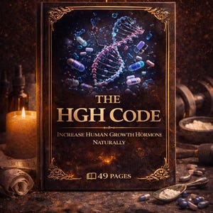 Peut inclure: Couverture de livre numérique intitulée "The HGH Code" avec une illustration d'une chaîne d'ADN et de pilules. Le texte de la couverture comprend "Increase Human Growth Hormone Naturally" et "49 Pages". Un sceau doré indique "Digital Ebook".