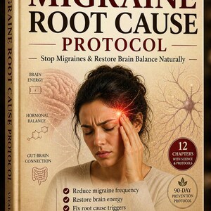 Op de afbeelding: Boekomslag "Migraine Root Cause Protocol" met een vrouw die haar hoofd vasthoudt. De titel belooft migraine te stoppen en de hersenbalans te herstellen. Bevat ook "12 hoofdstukken met wetenschap & protocollen" en "90-dagen preventieprotocol".