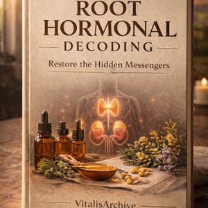Puede incluir: Un libro titulado "ROOT HORMONAL DECODING" con el subtítulo "Restore the Hidden Messengers". La portada presenta una ilustración del cuerpo humano, botellas y plantas. El libro está sobre una superficie de madera.