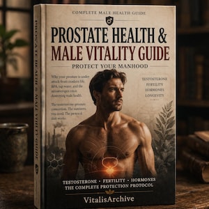 Könnte beinhalten: Ein Buch mit dem Titel "Prostate Health & Male Vitality Guide" mit einem Mann ohne Hemd auf dem Cover. Das Cover des Buches enthält Text über Testosteron, Fruchtbarkeit und Hormone. Das Buch ist ein vollständiger Ratgeber für die Männergesundheit.