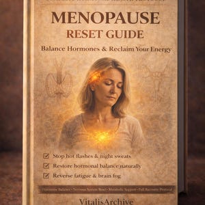 Puede incluir: Portada del libro "MENOPAUSE RESET GUIDE" con el subtítulo "Balance Hormones & Reclaim Your Energy". La imagen muestra a una mujer con energía radiante. El texto destaca beneficios como detener los sofocos y restaurar el equilibrio hormonal.