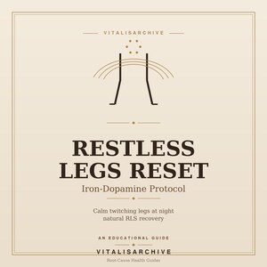 Könnte beinhalten: Ein beigefarbenes Lehrbuch mit dem Titel "Restless Legs Reset" und dem Untertitel "Iron-Dopamine Protocol". Der Ratgeber verspricht, zuckende Beine in der Nacht zu beruhigen und die natürliche RLS-Erholung zu fördern. Der Text "VITALISARCHIVE" ist enthalten.