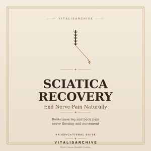May include: A beige educational guide titled "Sciatica Recovery" with the text "End Nerve Pain Naturally." The guide includes information on root-cause leg and back pain, nerve flossing, and movement. The Vitalisarchive logo is at the top and bottom.