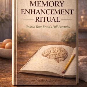 May include: A book titled "Memory Enhancement Ritual" with the subtitle "Unlock Your Brain's Full Potential." The open book displays a brain illustration and a pencil. The cover reads "Cognitive Optimization" and "VitalisArchive."