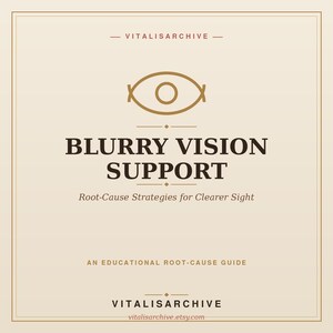 May include: A square educational guide titled BLURRY VISION SUPPORT: Root-Cause Strategies for Clearer Sight. The design features a tan background with dark brown text, a central eye icon, and the brand name VITALISARCHIVE at the top and bottom.