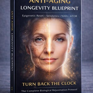 May include: A book cover with the title "ANTI-AGING LONGEVITY BLUEPRINT" and the text "TURN BACK THE CLOCK". The cover features a split image of a woman's face, showing both aged and rejuvenated sides. The book's spine reads "ANTE ADING LONGSVITY BLAISHENT".