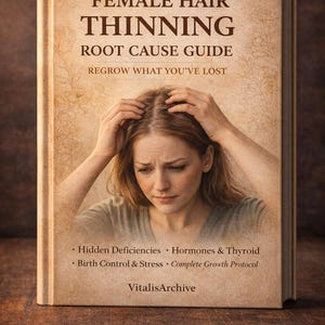 May include: A book titled "FEMALE HAIR THINNING ROOT CAUSE GUIDE" with the tagline "REGROW WHAT YOU'VE LOST." The cover features a woman touching her hair, with text listing topics like hormones and stress. The book is by VitalisArchive.