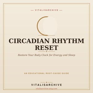 Könnte beinhalten: Ein quadratischer Bildungsleitfaden mit dem Titel CIRCADIAN RHYTHM RESET, Restore Your Body Clock for Energy and Sleep, AN EDUCATIONAL ROOT-CAUSE GUIDE. Das Design zeigt ein goldenes Mondsichel-Symbol, den Text VITALISARCHIVE und vitalisarchive.etsy.com.