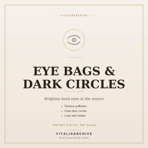 Puede incluir: Una guía PDF digital beige titulada "EYE BAGS & DARK CIRCLES" con un icono de ojo. La guía promete iluminar los ojos cansados reduciendo la hinchazón, desvaneciendo las ojeras y promoviendo una apariencia descansada. La guía es de VITALISARCHIVE.