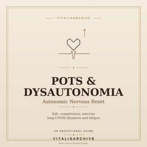 Könnte beinhalten: Ein beigefarbener Ratgeber mit dem Titel "POTS & DYSAUTONOMIA" und dem Untertitel "Autonomic Nervous Reset". Das Cover zeigt ein Herzsymbol mit einem Pfeil nach oben und dem Text "Salt, compression, exercise, long-COVID dizziness and fatigue."