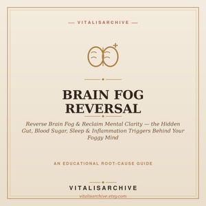 Op de afbeelding: Een beige educatieve gids getiteld BRAIN FOG REVERSAL van VITALISARCHIVE. De tekst luidt: Reverse Brain Fog & Reclaim Mental Clarity — the Hidden Gut, Blood Sugar, Sleep & Inflammation Triggers Behind Your Foggy Mind. Bevat een logo.