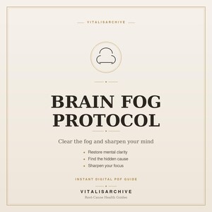May include: A digital PDF guide titled "Brain Fog Protocol" with a cream-colored background. The text includes "Clear the fog and sharpen your mind" and bullet points about restoring mental clarity, finding the hidden cause, and sharpening focus. The guide is from VITALISARCHIVE.
