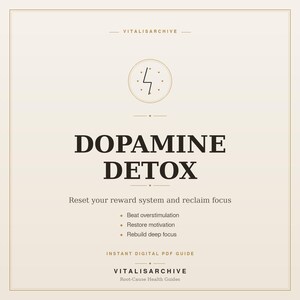 Op de afbeelding: Een digitale PDF-gids getiteld "Dopamine Detox" op een beige achtergrond. De gids belooft te helpen het beloningssysteem te resetten en de focus terug te krijgen. De gids bevat opsommingstekens over het verslaan van overstimulatie, het herstellen van motivatie en het herbouwen van diepe focus.