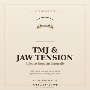 May include: A beige educational guide with the title "TMJ & JAW TENSION" in large, dark text. The guide's subtitle is "Release Bruxism Naturally." The guide also includes the text "Root-cause jaw and sleep apnea protocol for clenching and pain."