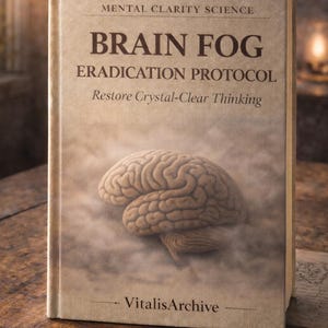 Puede incluir: Un libro titulado "Brain Fog Eradication Protocol" con el subtítulo "Restore Crystal-Clear Thinking". La portada presenta una ilustración detallada de un cerebro humano. También se ve el texto "Mental Clarity Science" y "VitalisArchive".