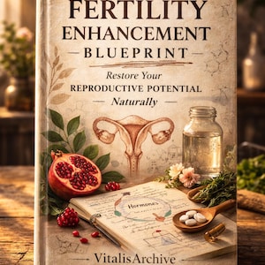 Op de afbeelding: Een boek getiteld "Fertility Enhancement Blueprint" met de ondertitel "Restore Your Reproductive Potential Naturally". De omslag toont een baarmoederillustratie, een granaatappel en een notitieboek met het woord "Hormones". Het boek is van Vitalis Archive.