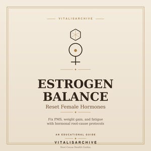 Op de afbeelding: Een beige educatieve gids getiteld "Estrogen Balance" met de ondertitel "Reset Female Hormones". De gids belooft te helpen bij PMS, gewichtstoename en vermoeidheid. De cover bevat een geometrisch ontwerp en de tekst "VITALISARCHIVE."