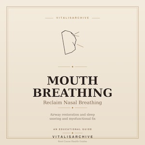 May include: A beige educational guide titled "MOUTH BREATHING" with the subtitle "Reclaim Nasal Breathing." The guide includes information on airway restoration, sleep, snoring, and myofunctional fixes. The Vitalisarchive logo is at the top and bottom.