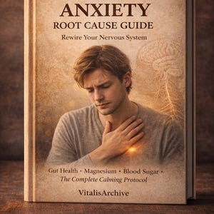 Op de afbeelding: Boekomslag met de titel "ANXIETY ROOT CAUSE GUIDE" en de ondertitel "Rewire Your Nervous System". De afbeelding toont een persoon die zijn borst aanraakt. Tekst bevat "Gut Health, Magnesium, Blood Sugar" en "VitalisArchive."