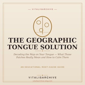 Op de afbeelding: Een vierkante educatieve gids getiteld The Geographic Tongue Solution: Decoding the Map on Your Tongue — What Those Patches Really Mean and How to Calm Them. Het ontwerp bevat een cirkelvormig icoon met drie kleine cirkels en tekst van VitalisArchive.