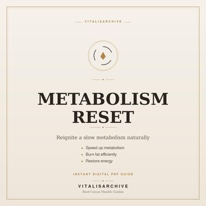 Op de afbeelding: Een digitale PDF-gids getiteld "METABOLISM RESET" op een crèmekleurige achtergrond. De gids belooft de stofwisseling te versnellen, vet efficiënt te verbranden en energie te herstellen. De gids is van VITALISARCHIVE.