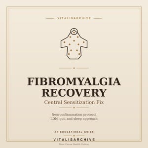 Op de afbeelding: Een beige educatieve gids getiteld "FIBROMYALGIA RECOVERY" met de ondertitel "Central Sensitization Fix". De gids bevat informatie over neuro-inflammatie, LDN, darm- en slaapbenaderingen. Het Vitalisarchive-logo staat bovenaan en onderaan.