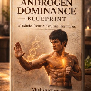 Könnte beinhalten: Buchcover mit dem Titel "Androgen Dominance Blueprint" und dem Text "Maximize Your Masculine Hormones". Das Bild zeigt einen muskulösen Mann mit leuchtenden Energielinien. Der Name des Autors, "VitalisArchive", steht unten.