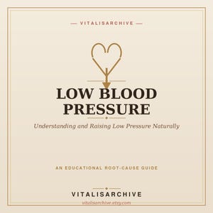 Könnte beinhalten: Ein quadratischer Bildungsleitfaden mit dem Titel LOW BLOOD PRESSURE und dem Untertitel Understanding and Raising Low Pressure Naturally. Das Design zeigt ein Herzsymbol mit einem Pfeil nach unten, den Text VITALISARCHIVE und vitalisarchive.etsy.com.