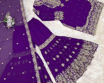 Pakistański strój imprezowy w kolorze fioletowym, salwar kameez z dupattą dla kobiet, garnitur sharara, top palazzo, designerskie pakistańskie garnitury, indyjski garnitur etniczny