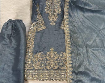 Designer Pakistaanse grijze salwar kameez met dupatta, pure gmy zijden jurk met sequentiewerk, Indiaas etnisch pak, feestkleding, etnisch pak