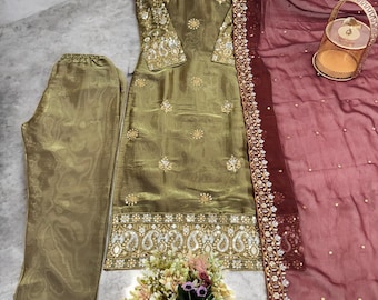 Pakistaanse groene zwaar geborduurde rechte kurta-set met Dupatta 3-delige feestkleding Designer Salwar Kameez kant-en-klare Kurta Palazzo-set, Indiaas