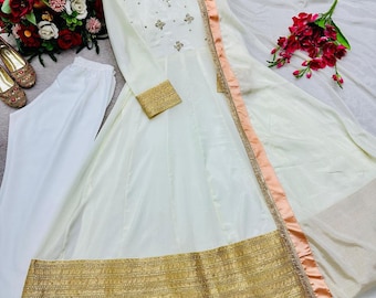 White Anarkali Gown with Dupatta, Pakistani wedding salwar kameez, Embroidered Sequin Indian Festive Wear, Ready to Wear,Ethnic Gown