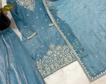 Conjunto de 3 piezas de traje Sharara azul de diseñador con dupatta, vestido de boda punjabi Sharara para mujer, elegante conjunto de traje pakistaní