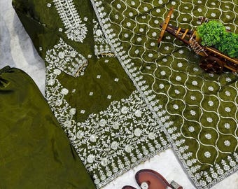 Salwar Kameez et dupatta en soie verte de créateur pakistanais pour femme, costumes Sharara, haut-palazzo, costumes pakistanais, costume ethnique indien ready-made