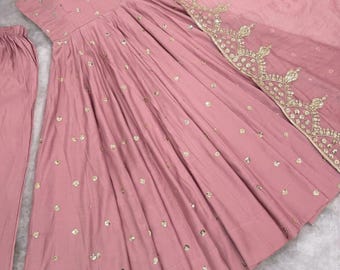 Ethnic Pink Anarkali gown with dupatta, embroidered sequence work, Partywear gown, wedding outfit, Indian ethnic wear, Readymade anarkali