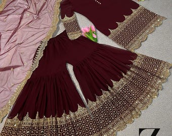 Kastanjebruin geborduurd Georgette-pak, designer Sharara-set, geborduurde jurk, trouwjurk, Punjabi Salwar, Pakistaans pak, Salwar Kameez 3 st
