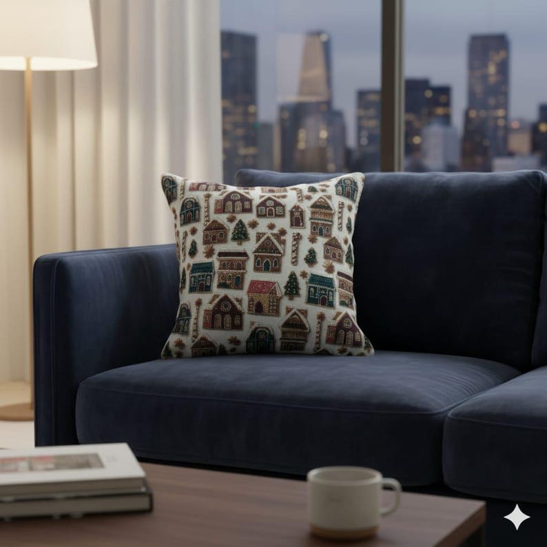 K&ouml;nnte beinhalten: Quadratisches Zierkissen mit einem sich wiederholenden Muster aus bunten H&auml;usern und B&auml;umen auf cremefarbenem Hintergrund. Das Kissen liegt auf einem dunkelblauen Sofa vor einem Fenster mit Skyline-Blick.
