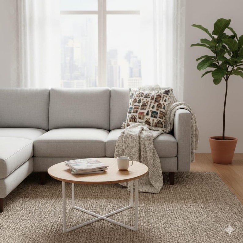 K&ouml;nnte beinhalten: Ein hellgraues Ecksofa mit einem gemusterten Kissen und einer Decke. Ein runder Couchtisch aus Holz mit wei&szlig;en Beinen tr&auml;gt eine Tasse und Zeitschriften. Eine Topfpflanze steht rechts, und der Raum hat ein neutrales Farbschema.