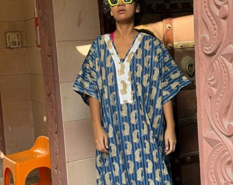 Hand Block Print Cotton Kaftan Dress, Floral Maxi Plus Size