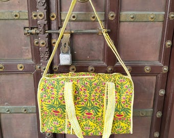 Floral Quilted Duffle Bag, Block Print Cotton Travel Bag