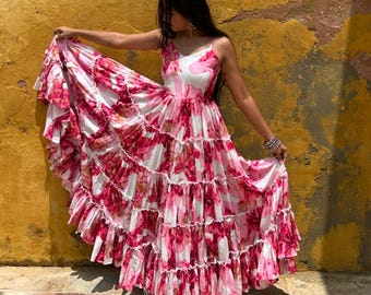 Boho Pink Marble Print Cotton Maxi Dress, Tiered Ruffle Summer Dress