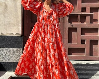 Maxikleid aus Baumwolle mit Handblockdruck, Tigermuster Indian Summer Style