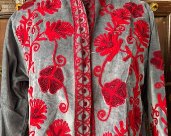 Chaqueta Suzani de terciopelo bordada a mano, cárdigan estilo boho
